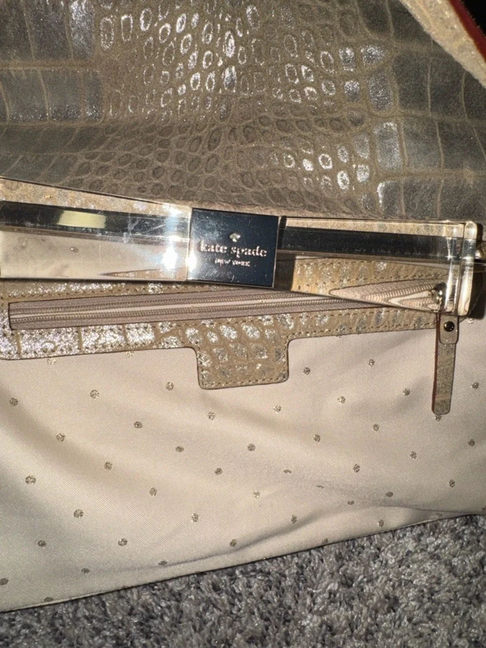 Kate Spade Croc Embossed Clutch w/ Acrylic Frame Handle | Neutral Beige Glam